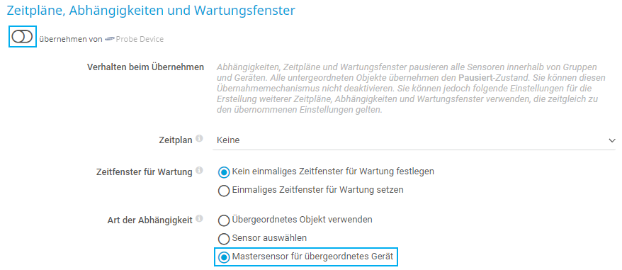 Screenshot PRTG setze Abhängigkeitstyp 