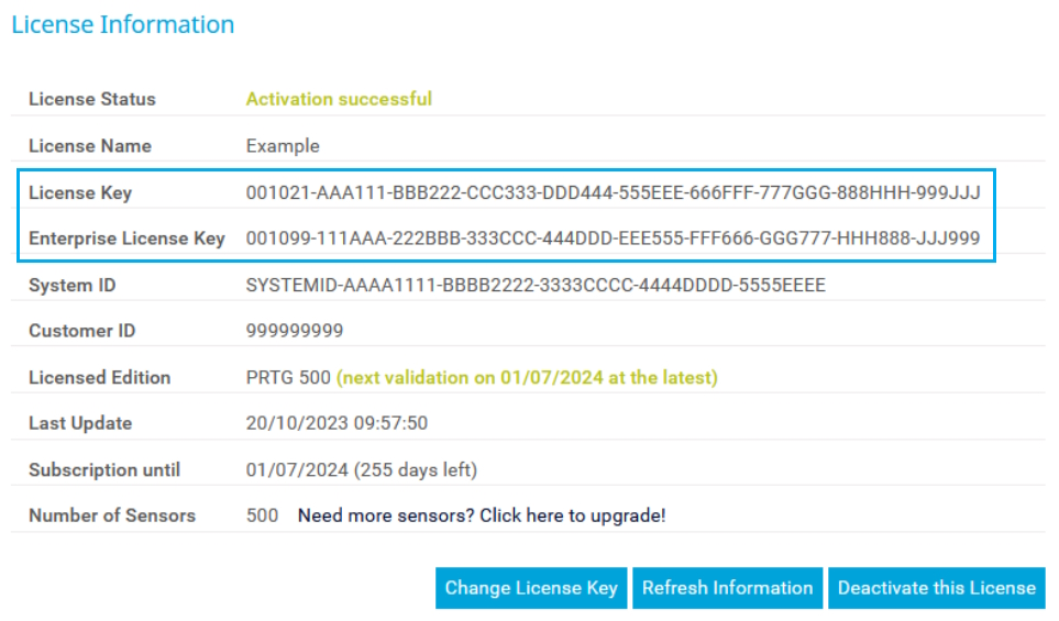 PRTG Screenshot License information