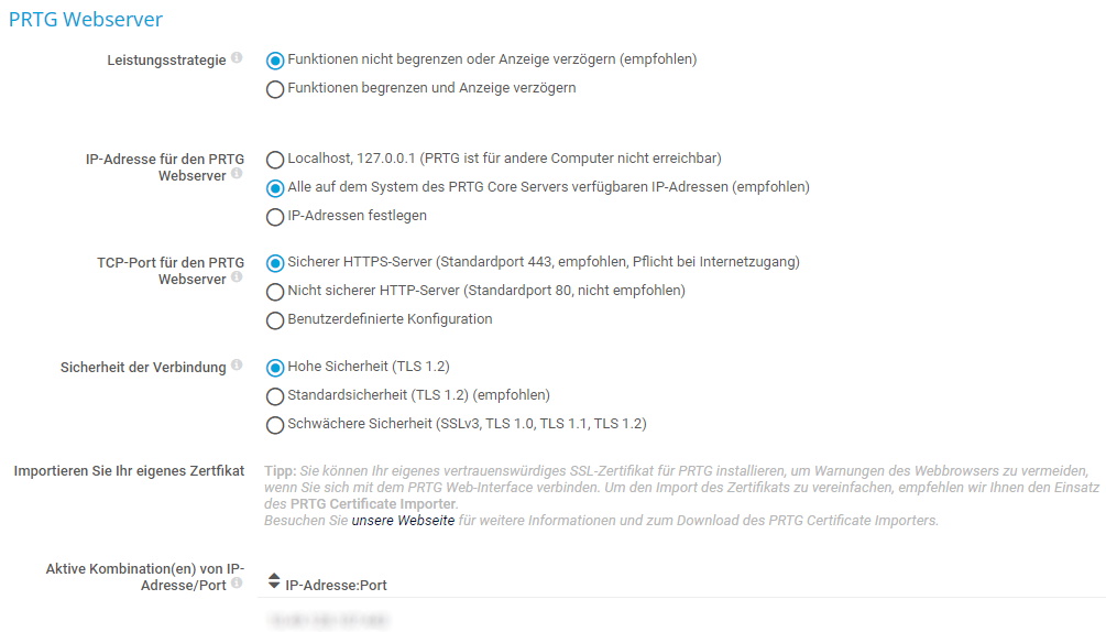 PRTG Screensho Webserver-Einstellungen