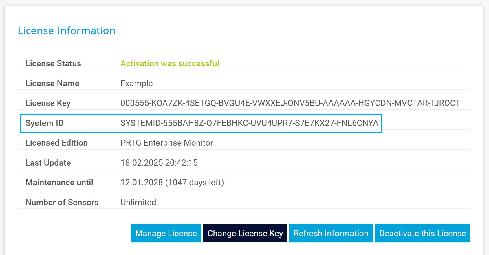 PRTG Screenshot License information