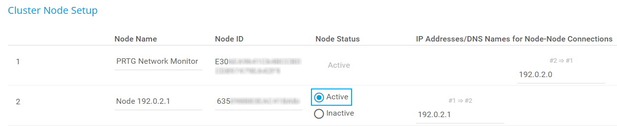 PRTG pantalla de configuración del nodo de clúster