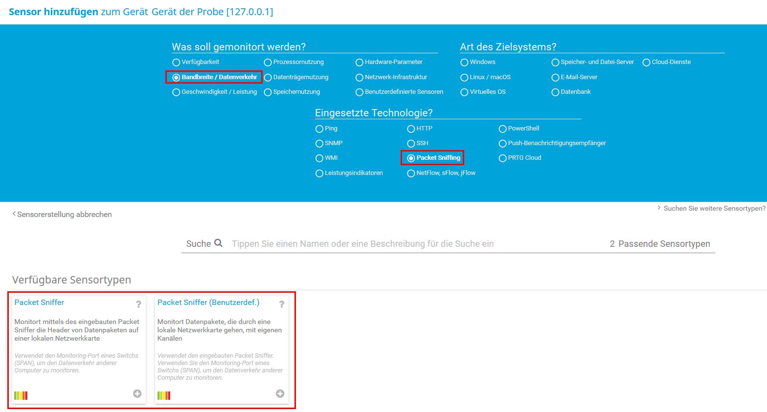 PRTG Screenshot Sensor Typ Packet Sniffer