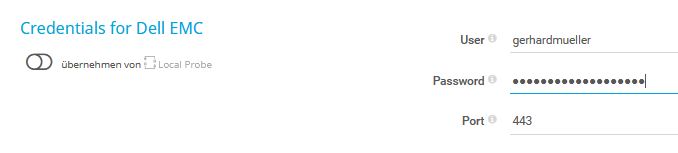 PRTG Screenshot-Zugangsdaten für Dell EMC