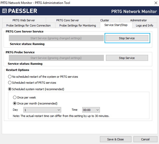 Ferramenta de administração de capturas de tela do PRTG Administration Tool