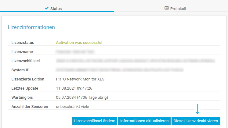 PRTG Screenshot Lizenzinformationen