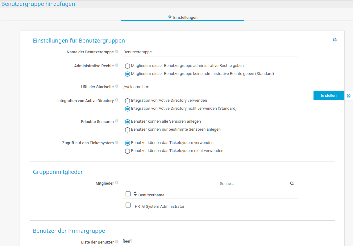 PRTG Screenshot Benutzer Gruppe hinzufügen