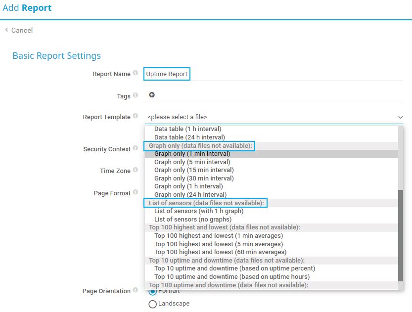 PRTG Screenshot Basic Report Settings