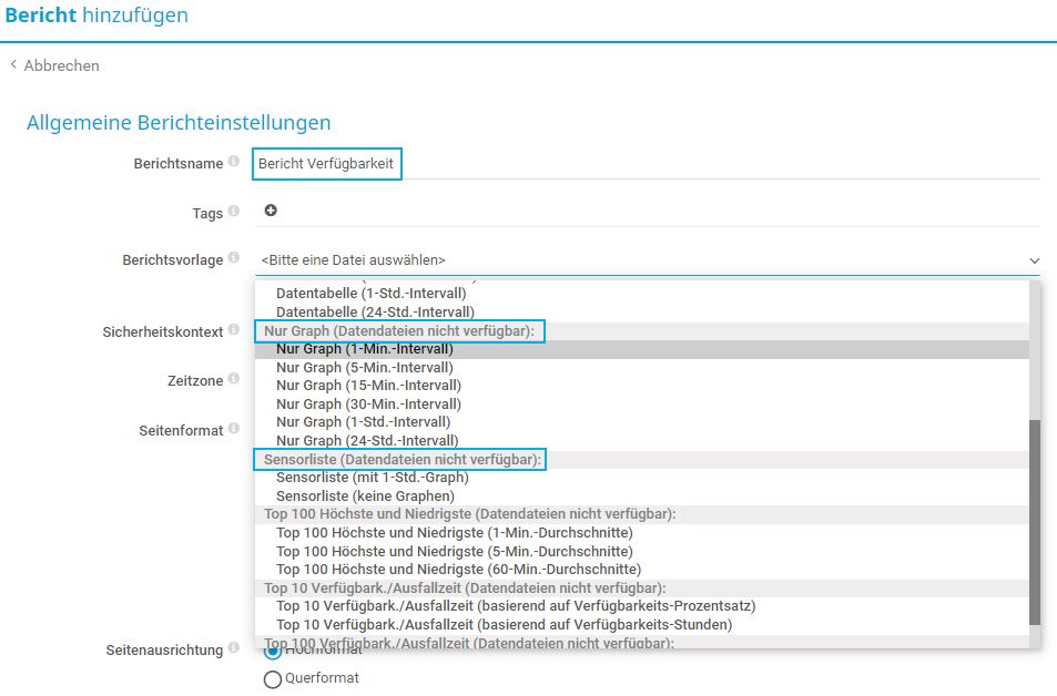 PRTG Screenshot Grundeinstellungen für Berichte