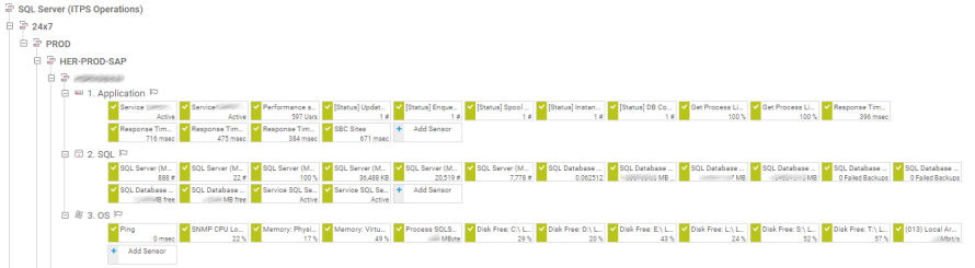 Leica Geosystems: Captura de pantalla del árbol de dispositivos SQL Server