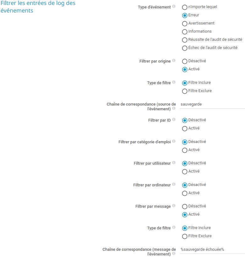 PRTG Capture d'écran filtrer les entrées du journal des événements