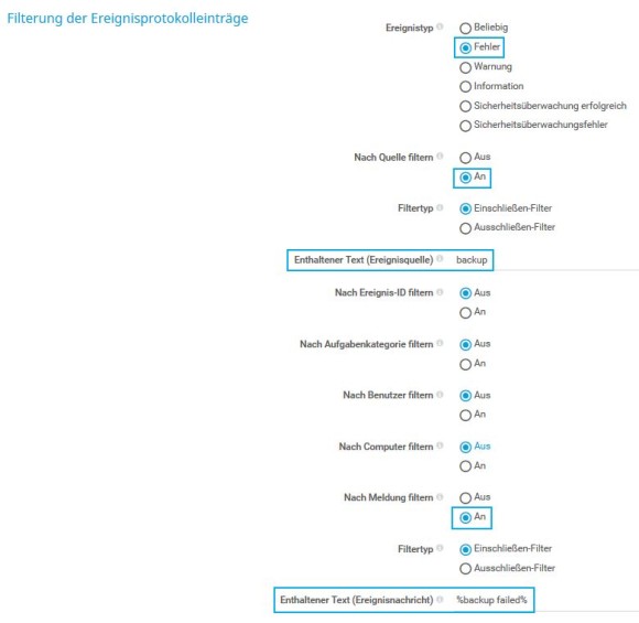 PRTG Screenshot Filter Ereignisprotokolleinträge