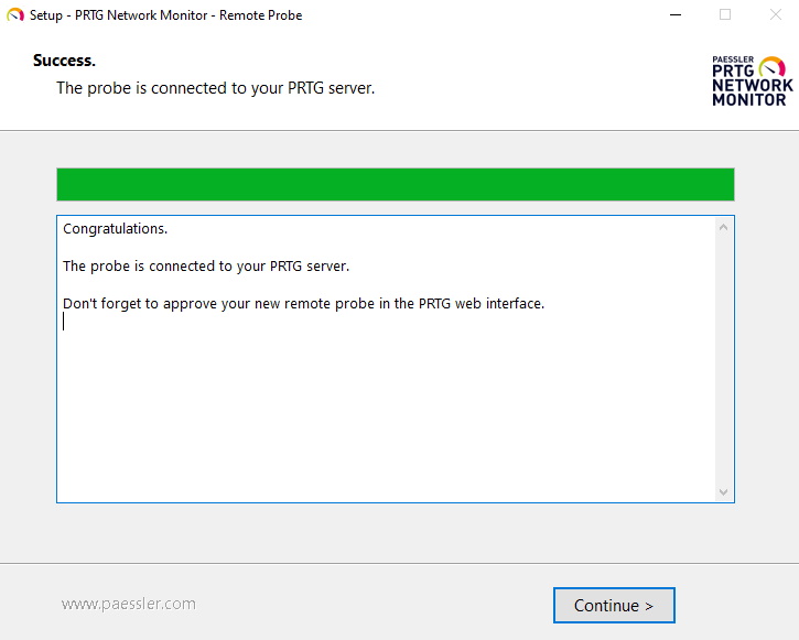 Capture d'écran de PRTG : installation réussie