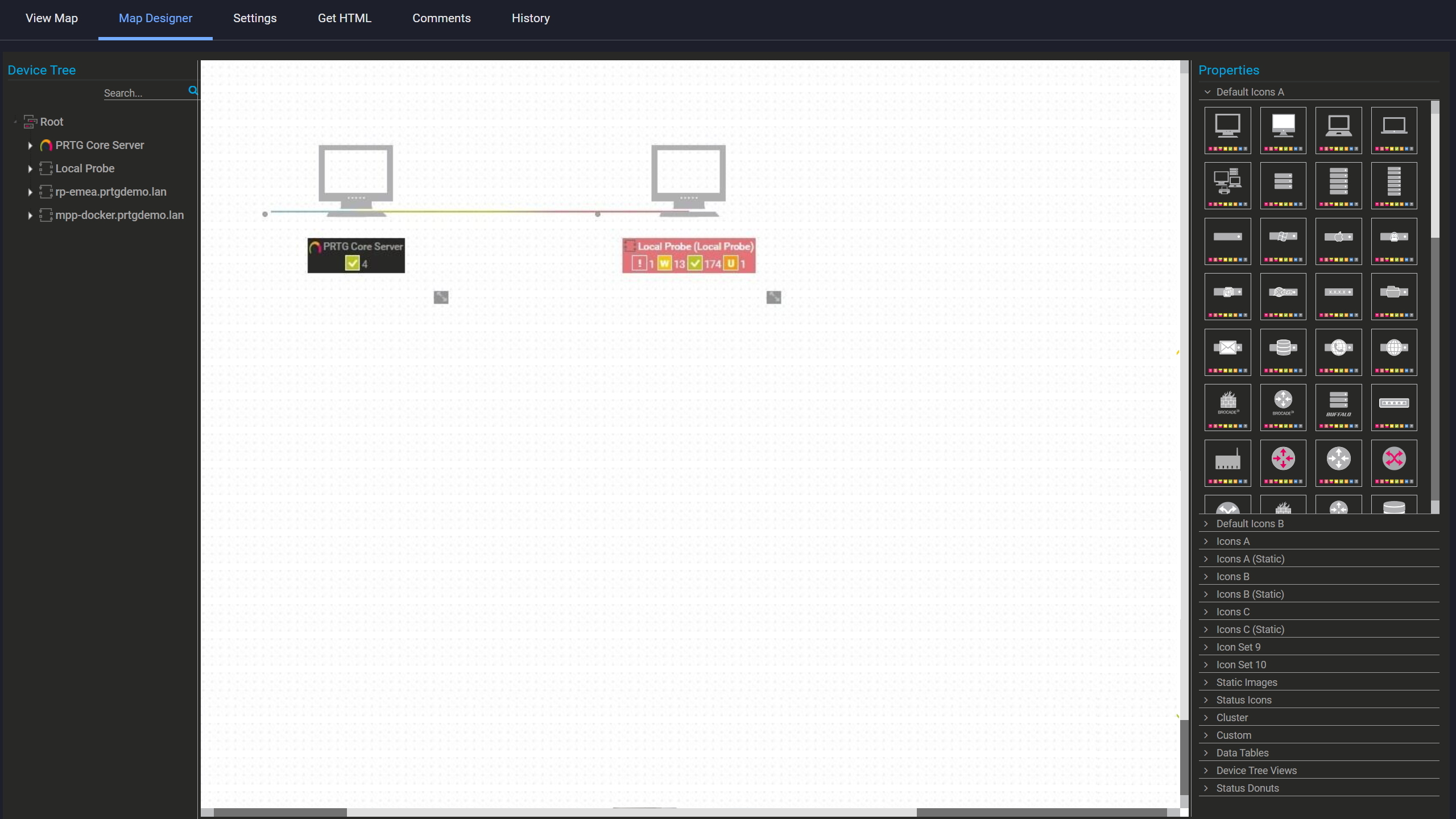 PRTG Map Designer with two network devices placed on a blank canvas
