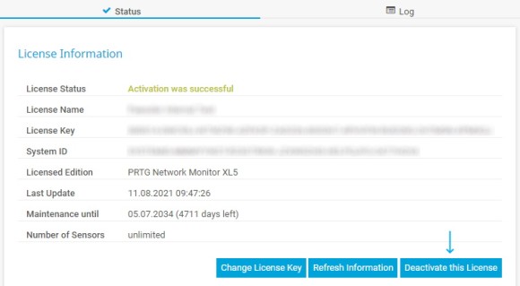 PRTG Screenshot License information