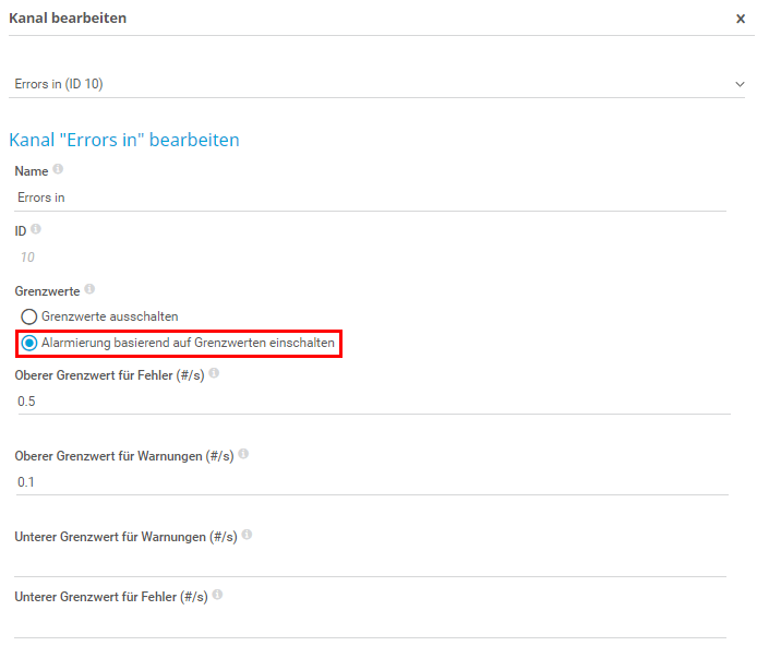 PRTG Screenshot Kanal bearbeiten - Alarmierung auf Basis von Grenzwerten aktivieren