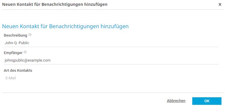 PRTG Screenshot Neuen Kontakt für Benachrichtigungen hinzufügen
