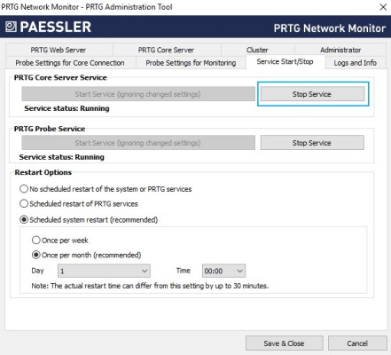 Ferramenta de administração de capturas de tela do PRTG Administration Tool
