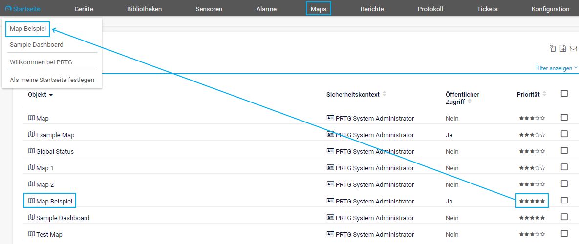 PRTG Screenshot Beispielkarte zum Startmenü hinzufügen