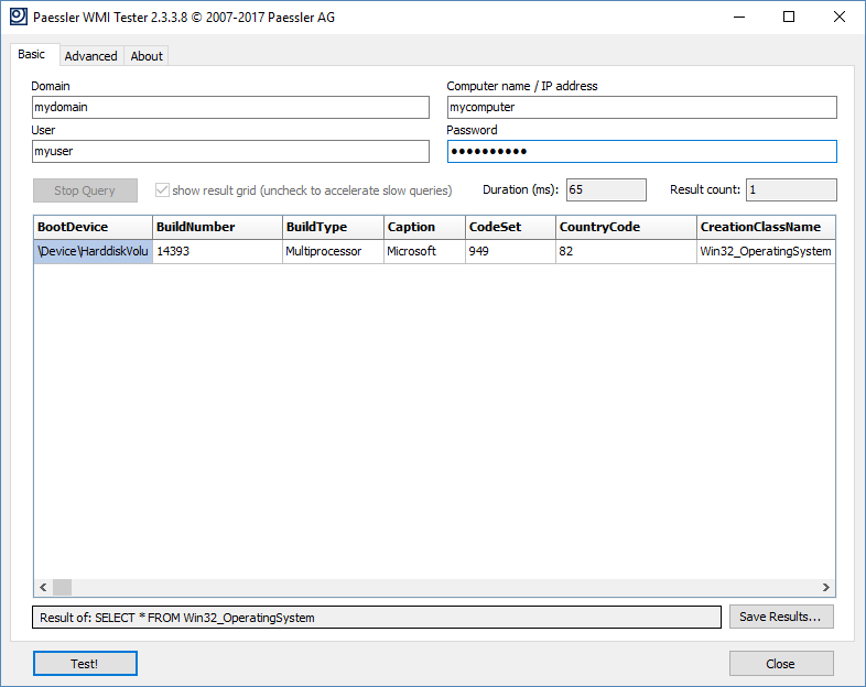 Tela principal do WMI Tester