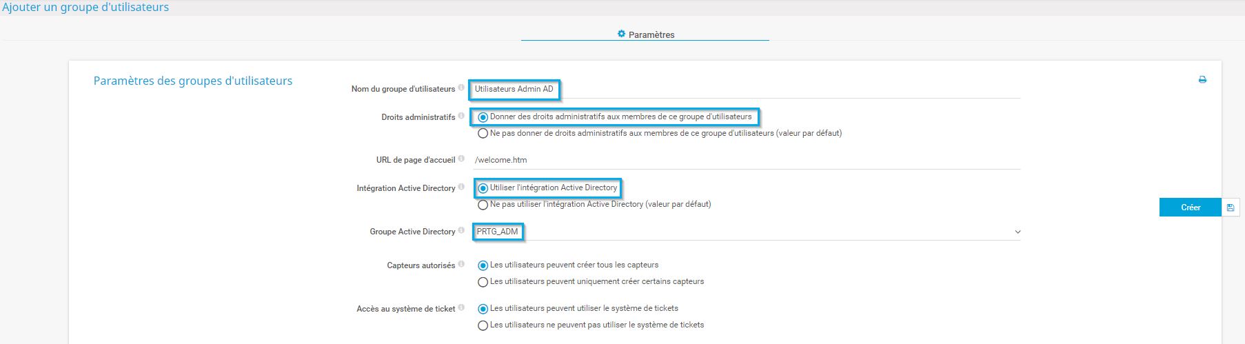Capture d'écran PRTG Ajouter un groupe d'utilisateurs