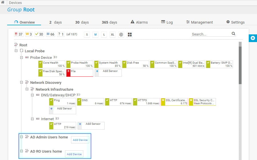 Captura de tela dos objetos da árvore de dispositivos do PRTG