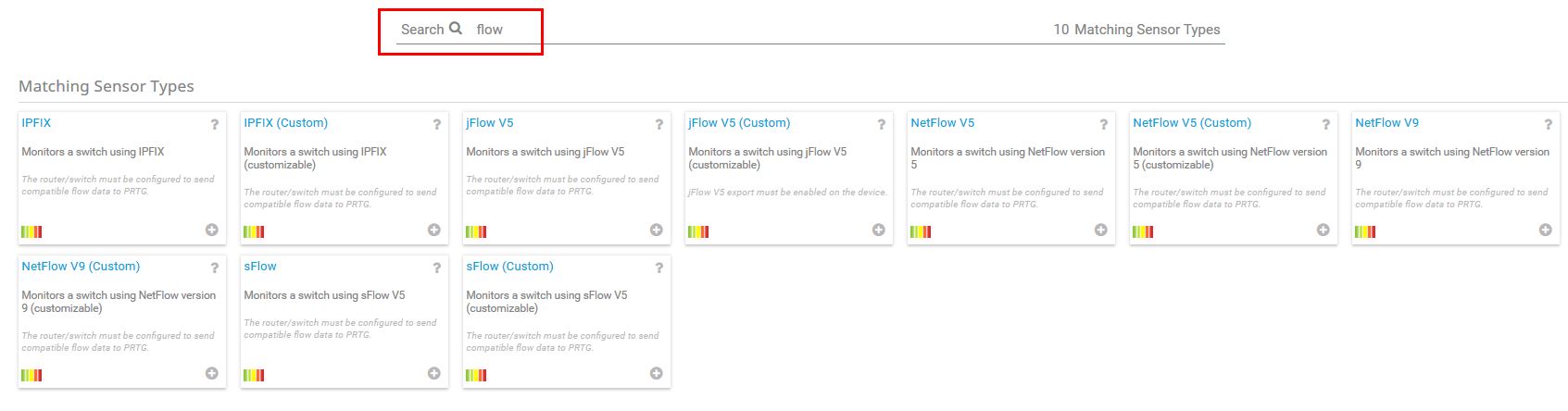 Captura de pantalla de PRTG que coincide con los tipos de sensor para el término de búsqueda flujo