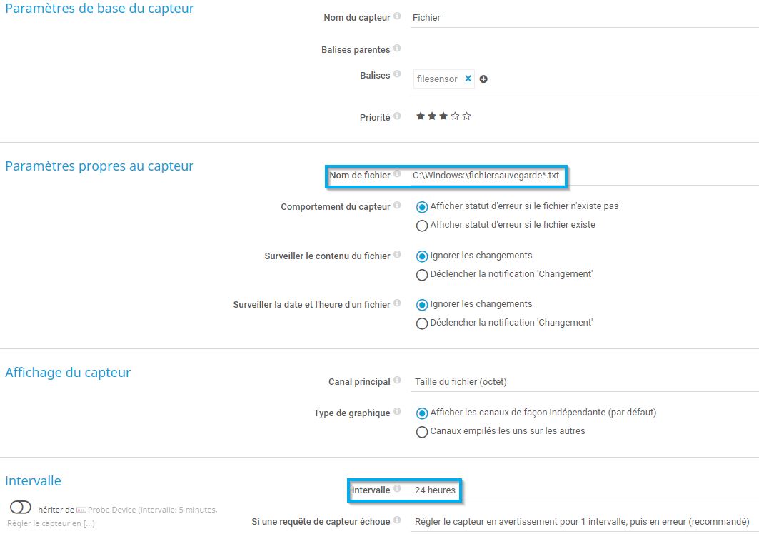 Capture d'écran PRTG paramètres de base du capteur
