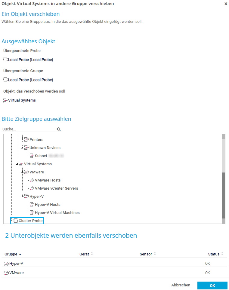 PRTG Screenshot Verschieben eines Objekts in eine andere Gruppe