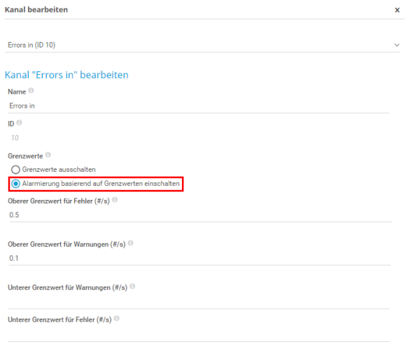 PRTG Screenshot Kanal bearbeiten - Alarmierung auf Basis von Grenzwerten aktivieren