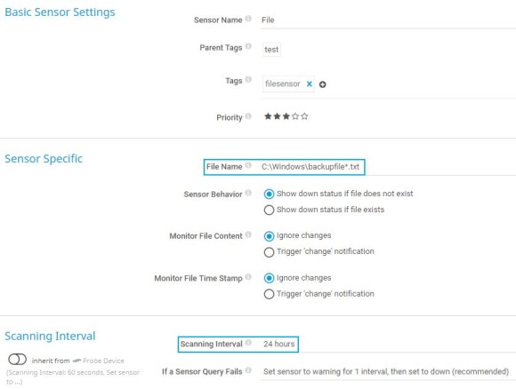 Captura de tela do PRTG Configurações básicas do sensor