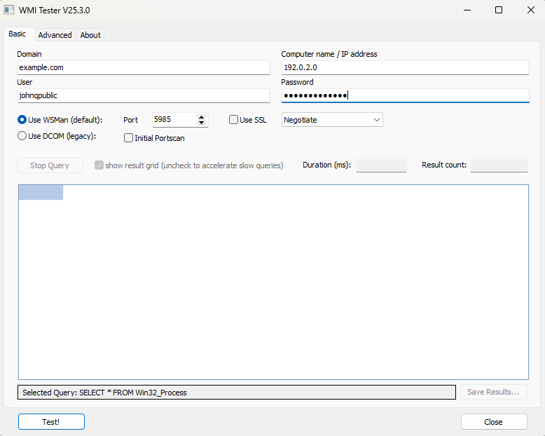 WMI Tester Basic Configuration