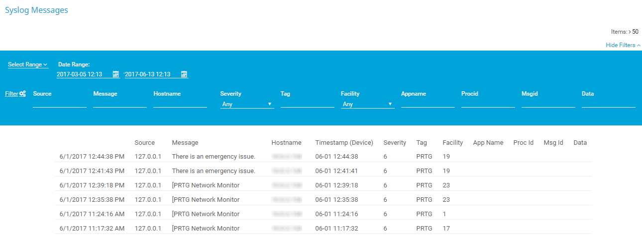 PRTG screenshot syslog messages