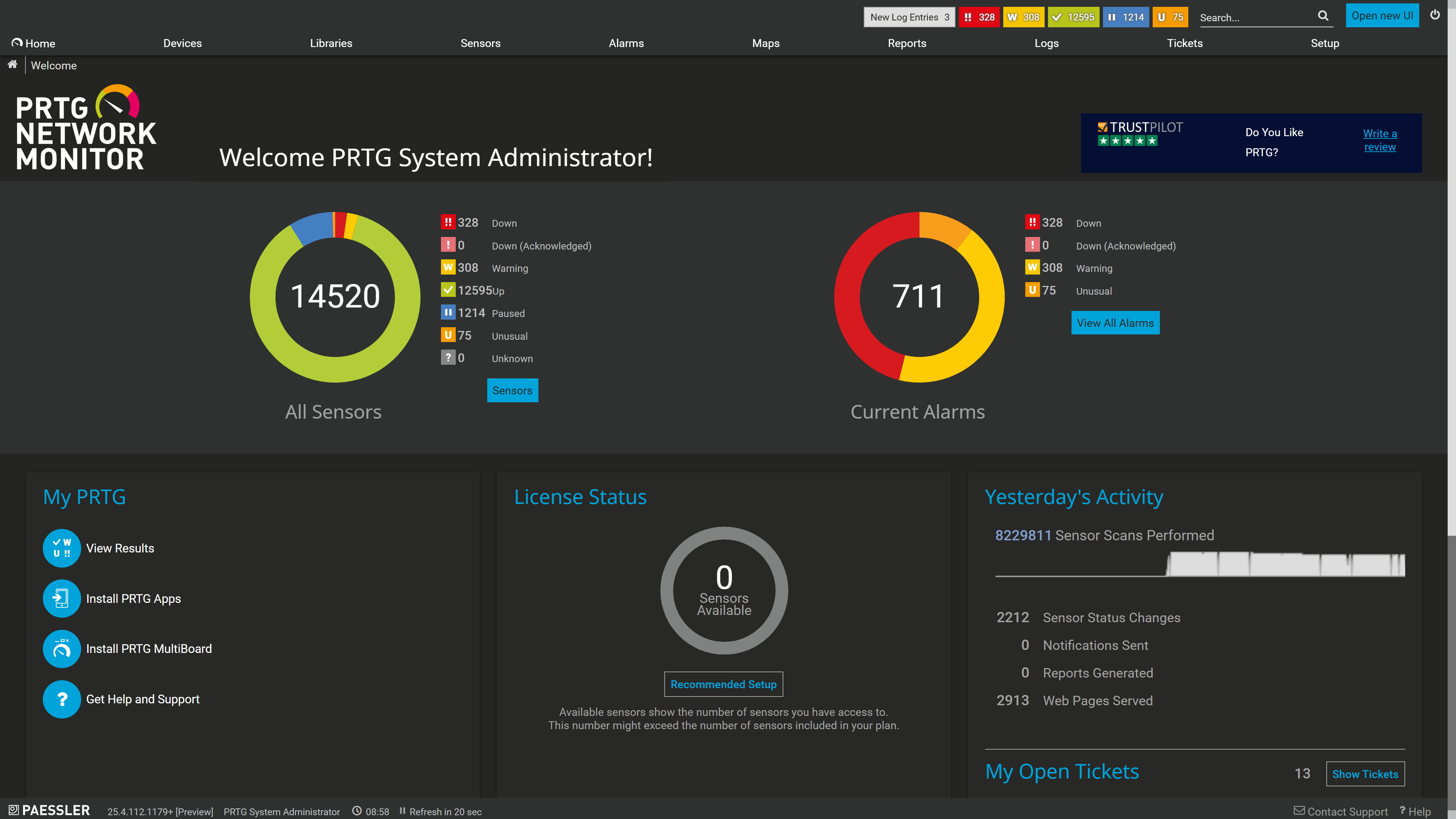PRTG tickets list showing system notifications, report completions, and update alerts