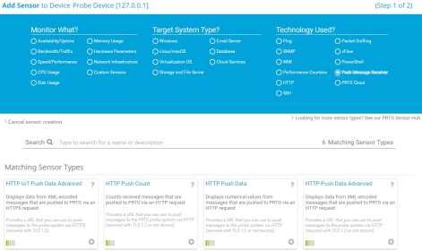 Capture d'écran PRTG ajouter un capteur à la fenêtre de sonde de l'appareil