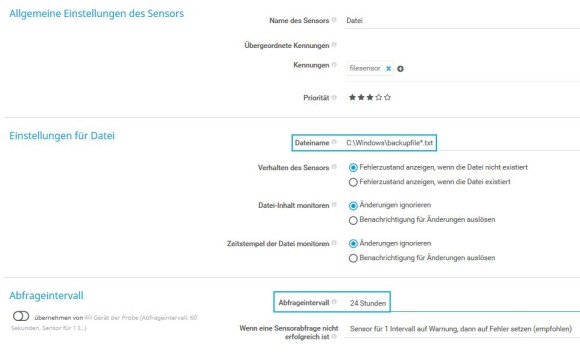 PRTG Screenshot Grundeinstellungen des Sensors