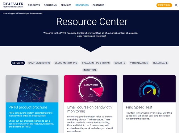 Centro de recursos do site da PRTG