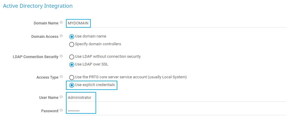 Captura de tela da Integração do Active Directory do PRTG