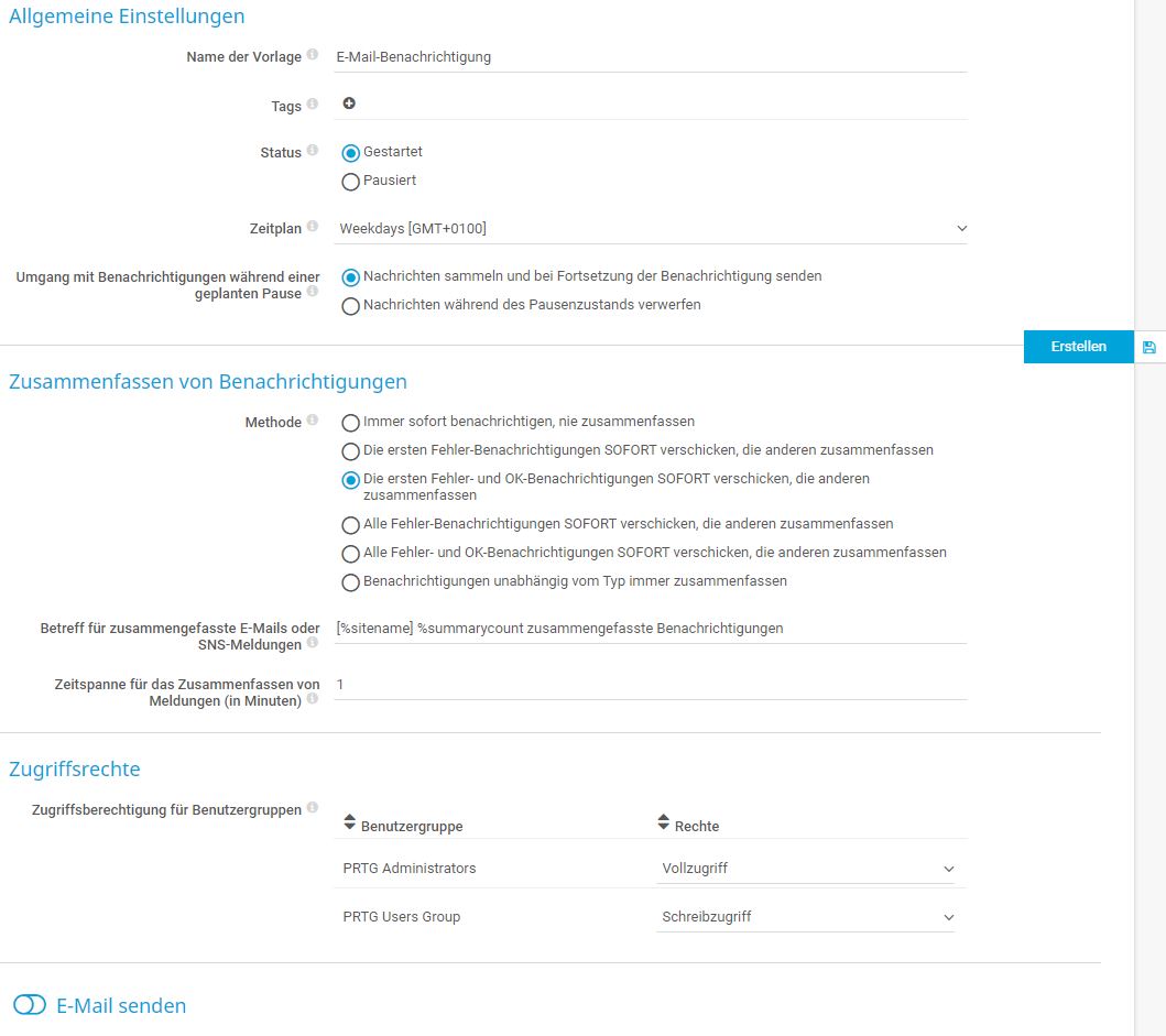 PRTG Screenshot Vorlage für Benachrichtigungen hinzufügen