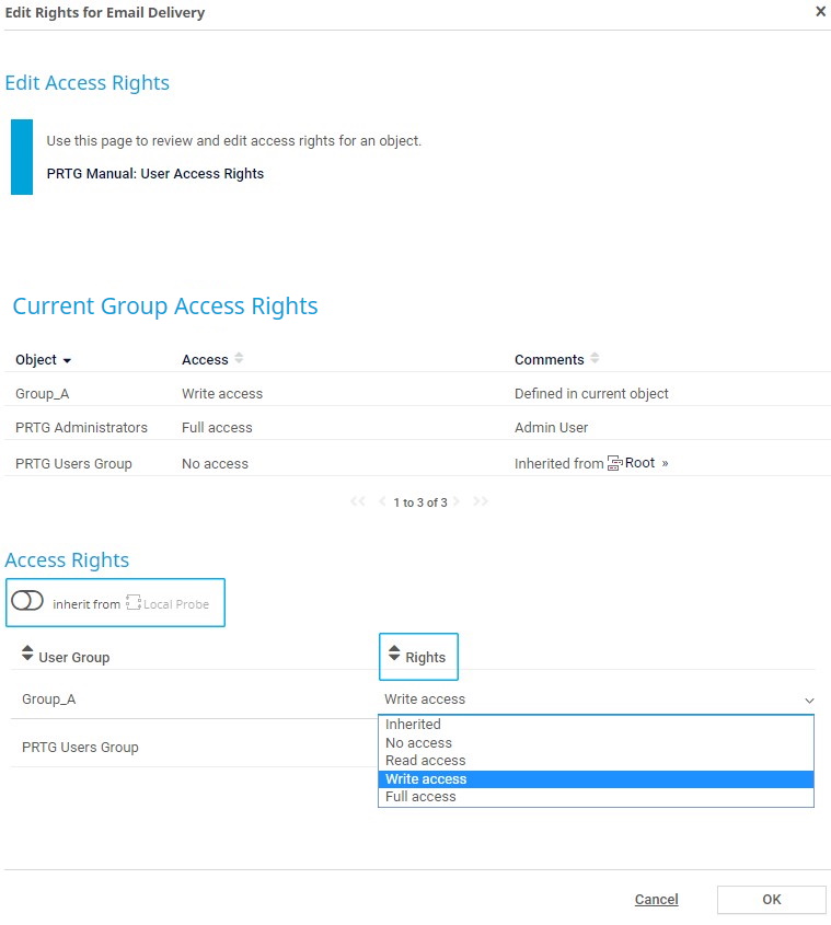 Captura de tela do PRTG Editar direitos de acesso