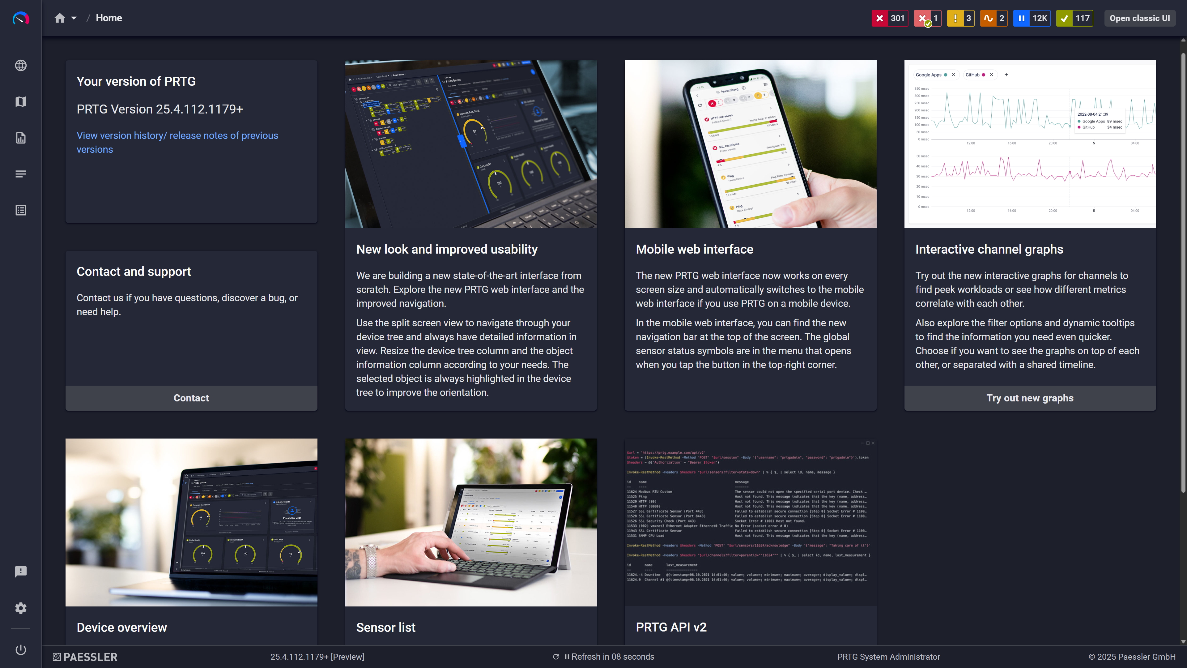 PRTG home screen showing feature highlight cards including mobile interface and API