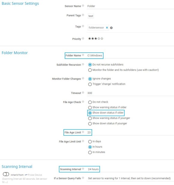 Captura de tela do PRTG Configurações básicas do sensor - pasta monitorar