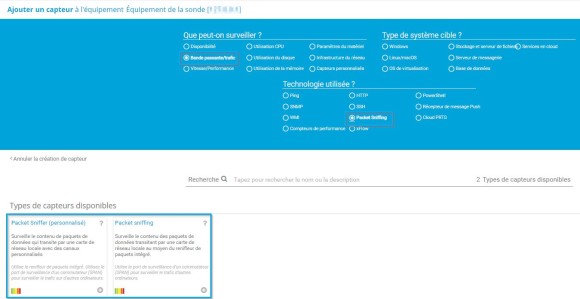 Capture d'écran PRTG type de capteur renifleur de paquets