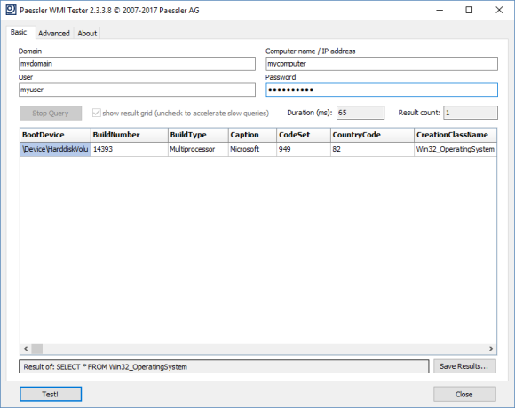 Tela principal do WMI Tester