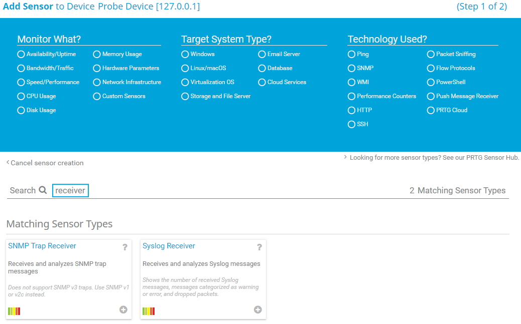PRTG screenshot add sensor to device probe