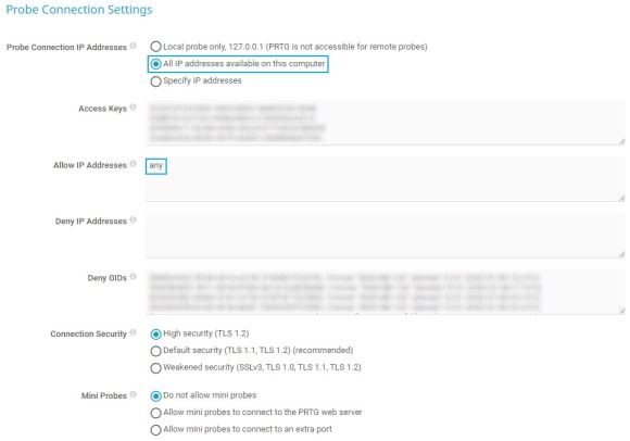 Capture d'écran PRTG Paramètres de connexion de la sonde