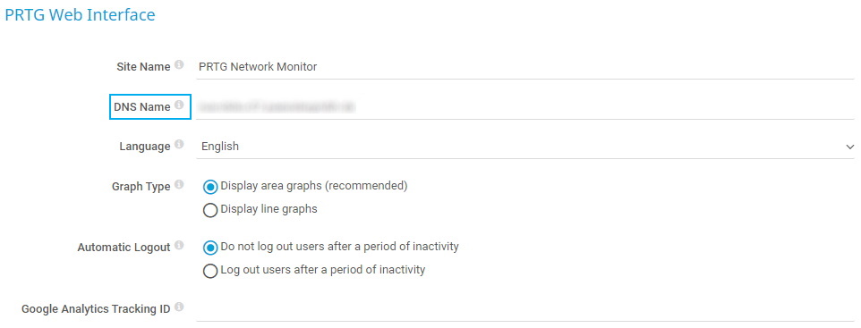 PRTG Screenshot web interface - DNS name