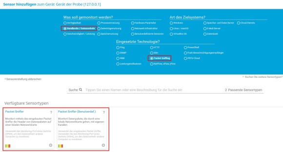 PRTG Screenshot Sensor Typ Packet Sniffer