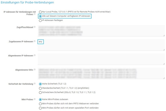 PRTG Screenshot Probe Verbindungseinstellungen