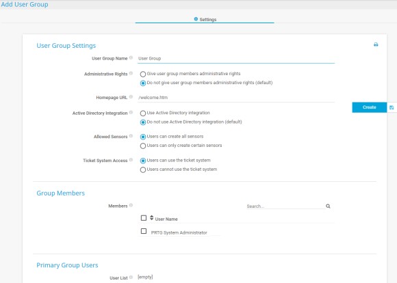 Captura de tela do PRTG Adicionar grupo de usuários
