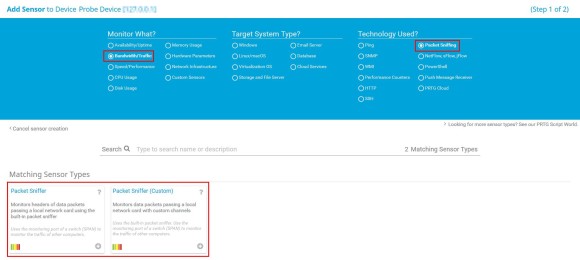 PRTG Screenshot sensor tipo packet sniffer